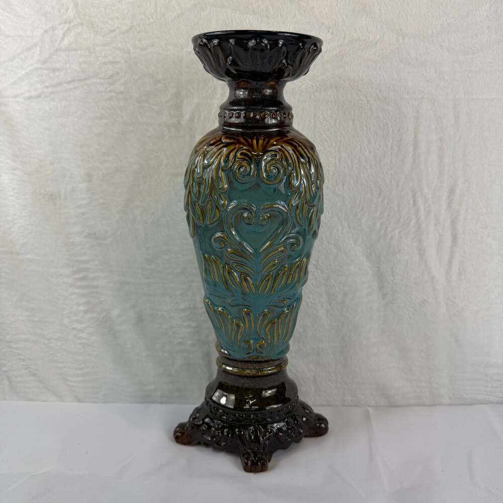 Ornate ceramic candle holder teal & brown majolica-style glaze pedestal base